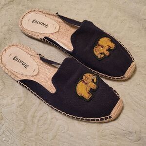 Soludos Navy Canvas w/Elephant Appliques Espadrille Flat Mule Sandals 7M $175